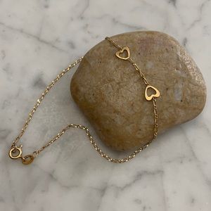 14k Italian Gold Anklet with Two Open Hearts 9" Long